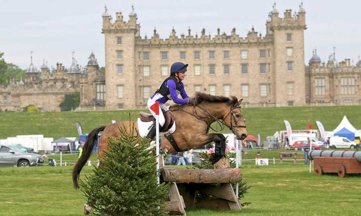 Horse jumping in front of a castle at an event