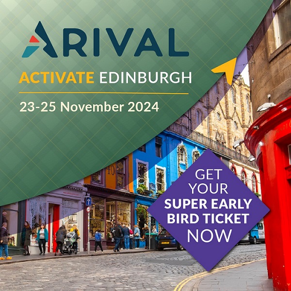 An image of cobbled streets in Edinburgh with a banner over the the top left-hand side corner. Text on this green banner reads "Arival Activate Edinburgh, 23 - 25 November2024. There is a purple diamond shape on the bottom right hand-side  of the image which reads " Get your super early bird Ticket now"