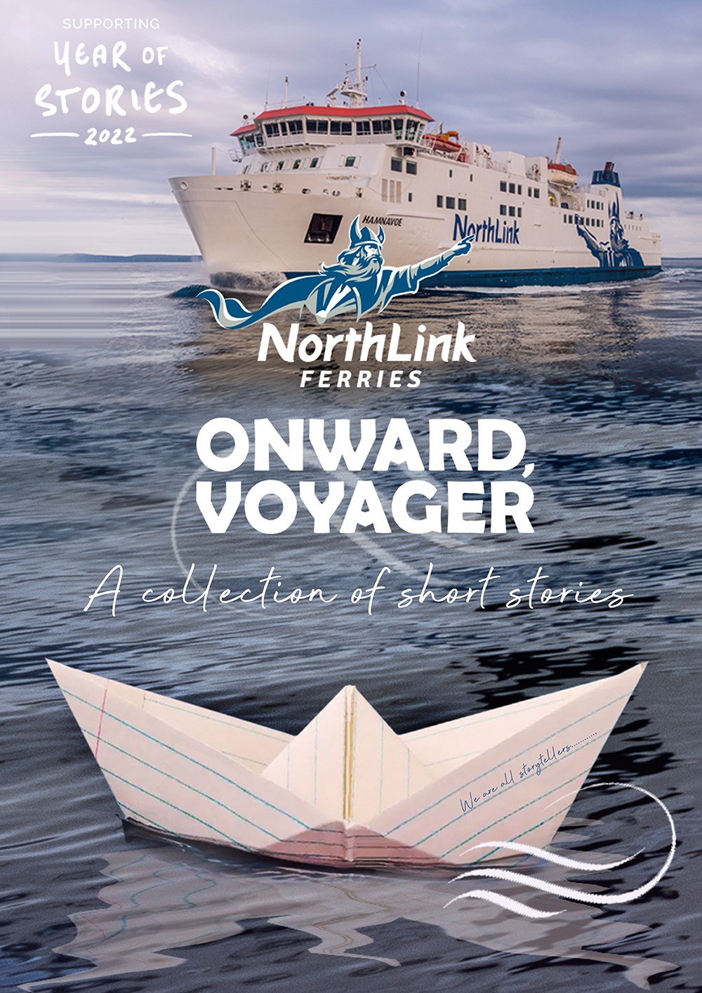 Book front cover with a sailing paper boat in foreground and northlink ferry behind
