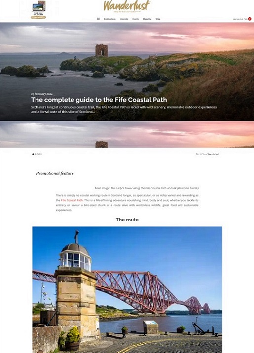 Screen shot of an online article, by Wanderlust about the Fife Coast path