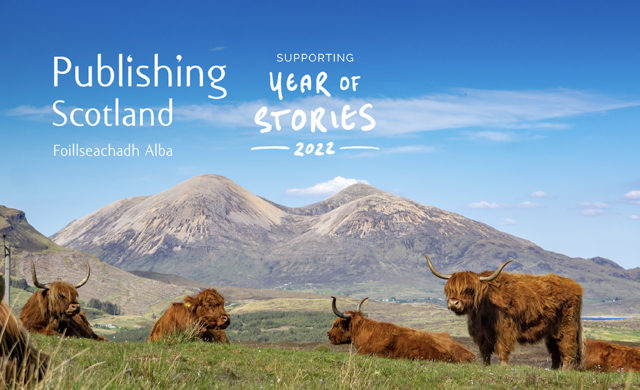 Publishing Scotland Year of Stories promotional image featuring highland cows against a backdrop of hills and blue skies