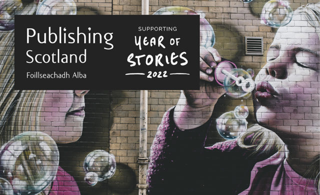 Publishing Scotland Year of Stories promotional image featuring wall mural of girl blowing bubbleshighland cows against a backdrop of hills and blue skies