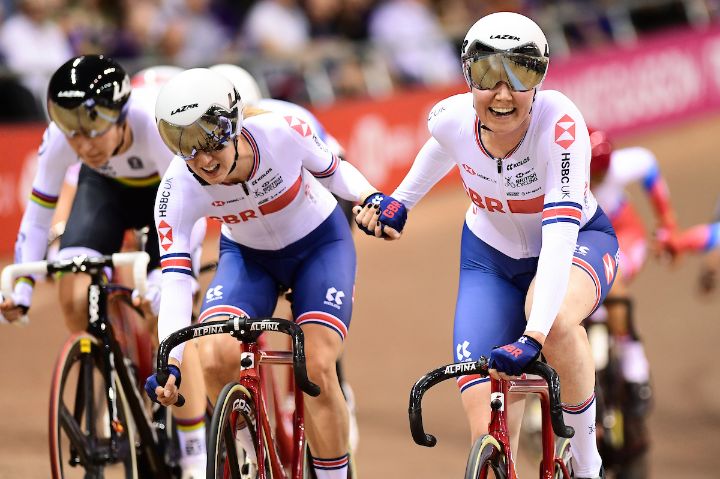 British Cyclists celebrate a win on the velodrome