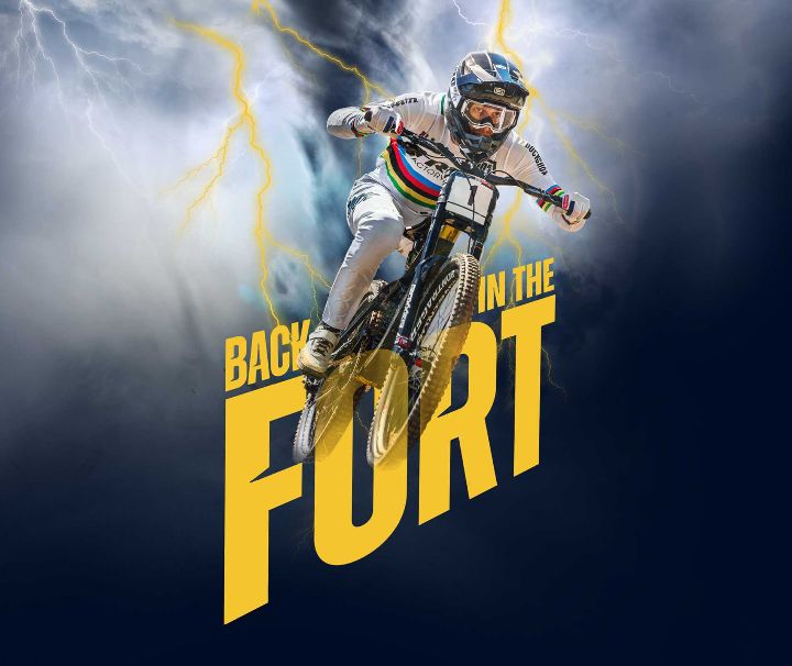 Mountain Bike World Cup artwork showing rider jumping over "Back in the Fort" logo