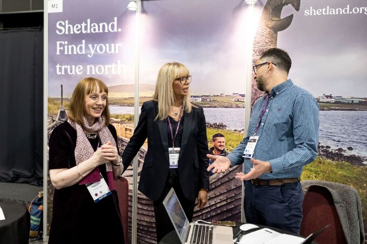 Vicki Miller meeting Shetland suppliers at VisitScotland Connect 2023.