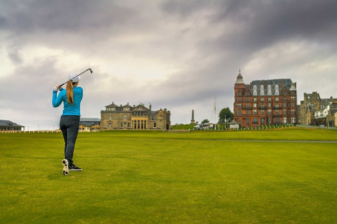 A golfer plays the Old Course at St Andrews