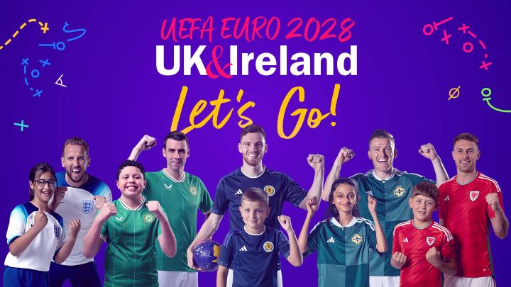 Banner reading UEFA EURO 2028 UK and Ireland Let's Go with pictures of famous footballers and children in strips
