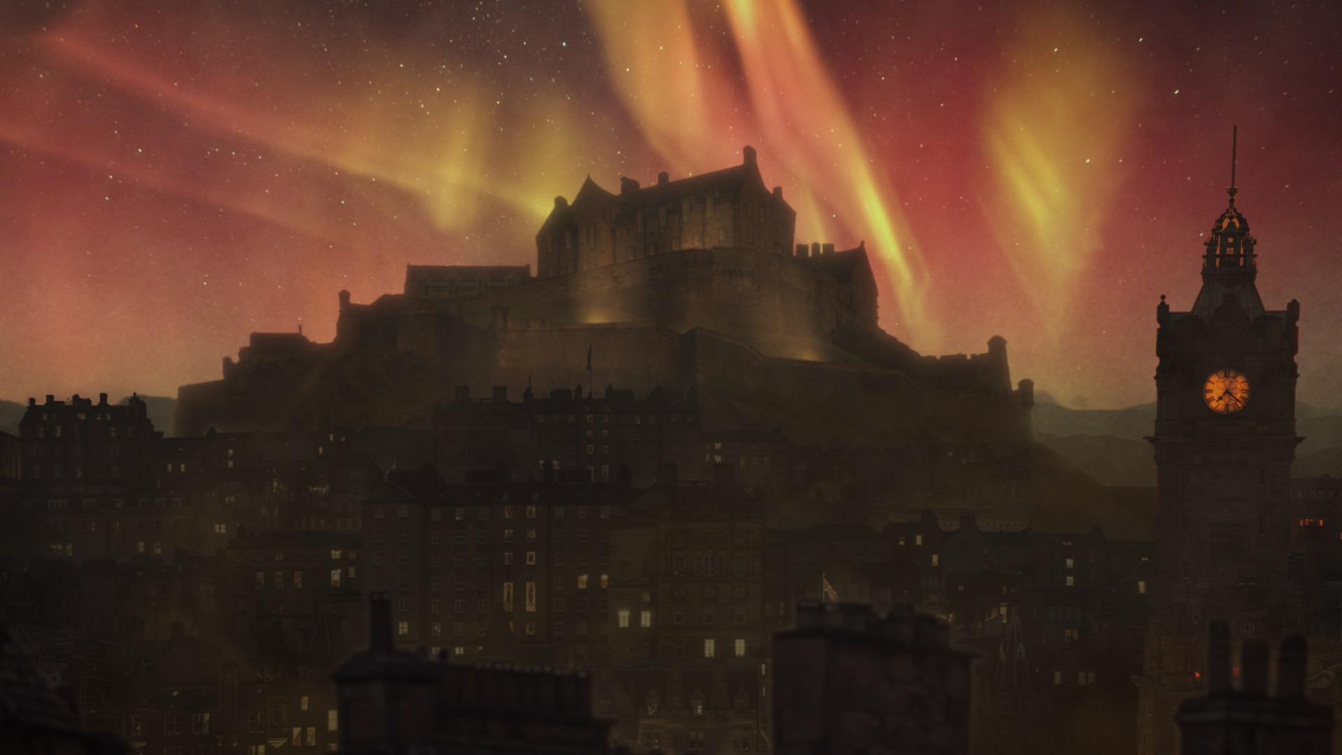 Edinburgh Old Town under the northern lights