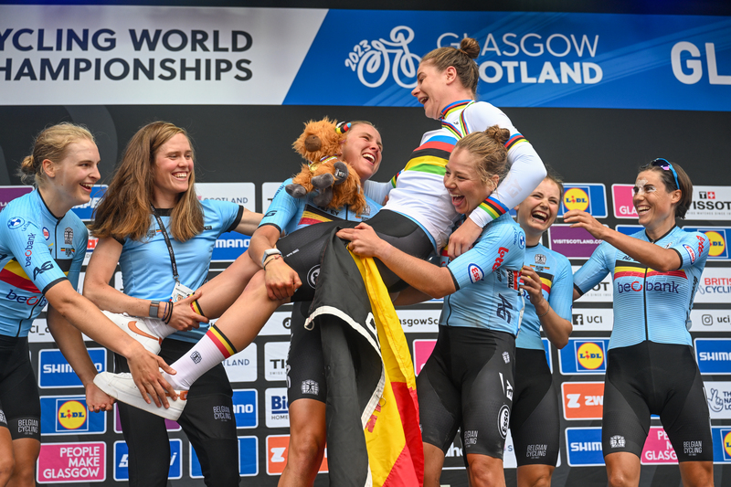 Riders celebrate a win at the 2023 UCI Cycling World Championships (credit: SWPix)