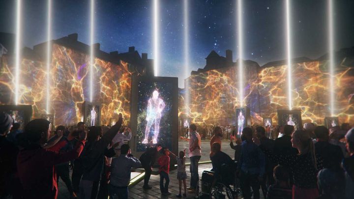 Visualisation of a light show with crowd watching