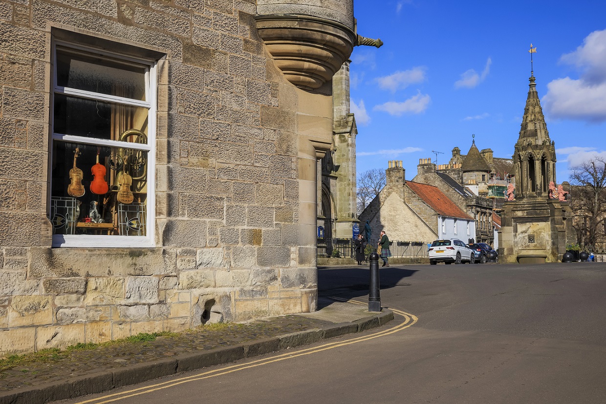 Historic buildings in a small town on a sunny day