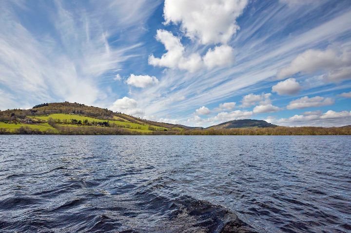 A south eastern view of Loch Ness from the Nessie Hunter tour boat, Loch Ness Cruises