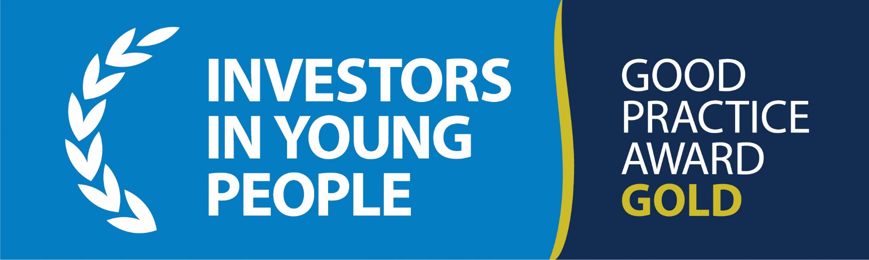 Investors in Young People Gold Award logo. White half wreath with blue background and text reads: investors in young people / good practice award gold