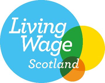 Living Wage logo. One large blue circle and a smaller yellow and orange one against a white background, Text reads Living Wage Scotland