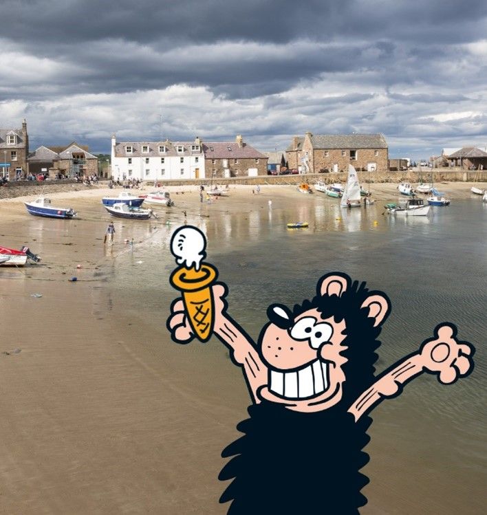 Beano characters at Stonehaven Harbour for Scotrail campaign
