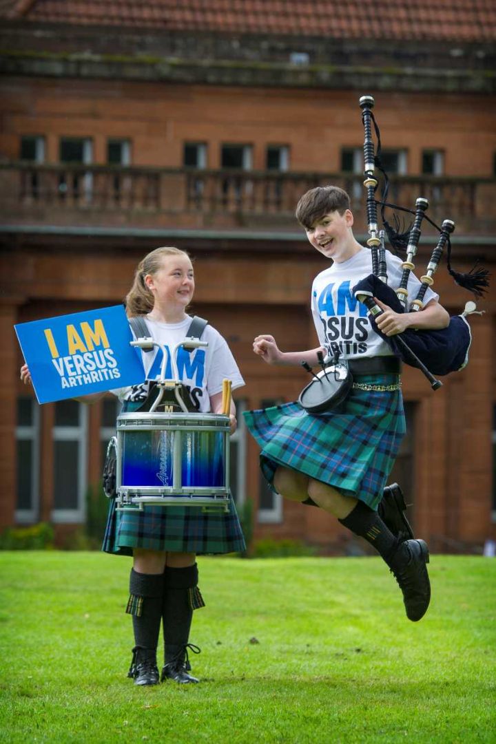 Drummer Keeva Bruce and her brother, piper Josh Bruce, outside Kelvingrove Art Gallery and Museum