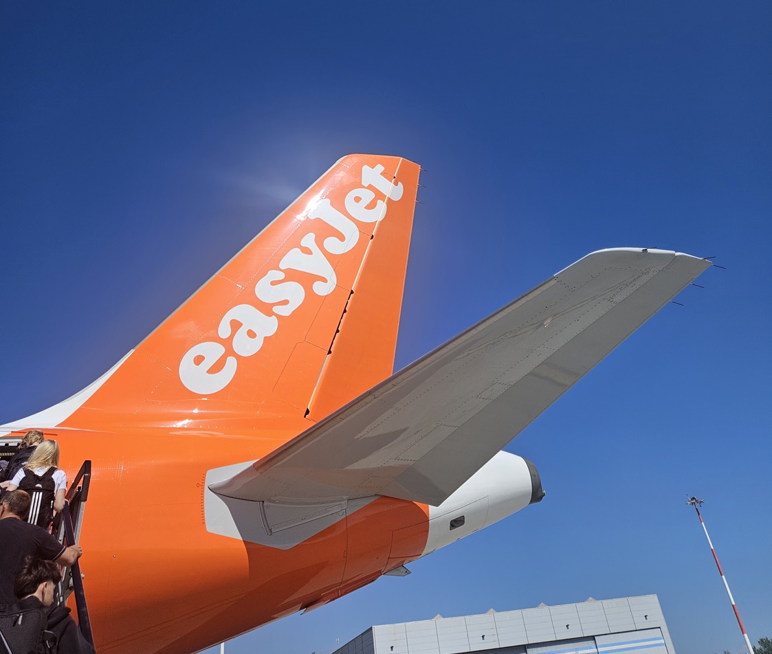 The tail of an easyJet plane.