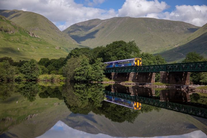 A Scotrail train crossing Loch Awe, near Dalmally