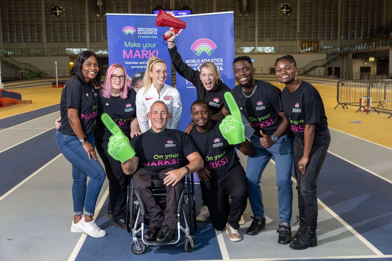 Eilidh Doyle and Jemma Reekie with volunteers at the launch of the World Athletics Indoor Championships 24 volunteer programme