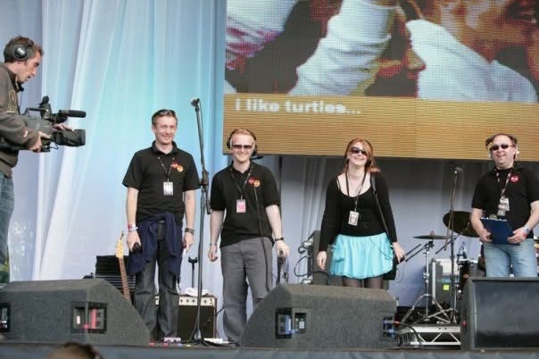 a group of people working on a stage