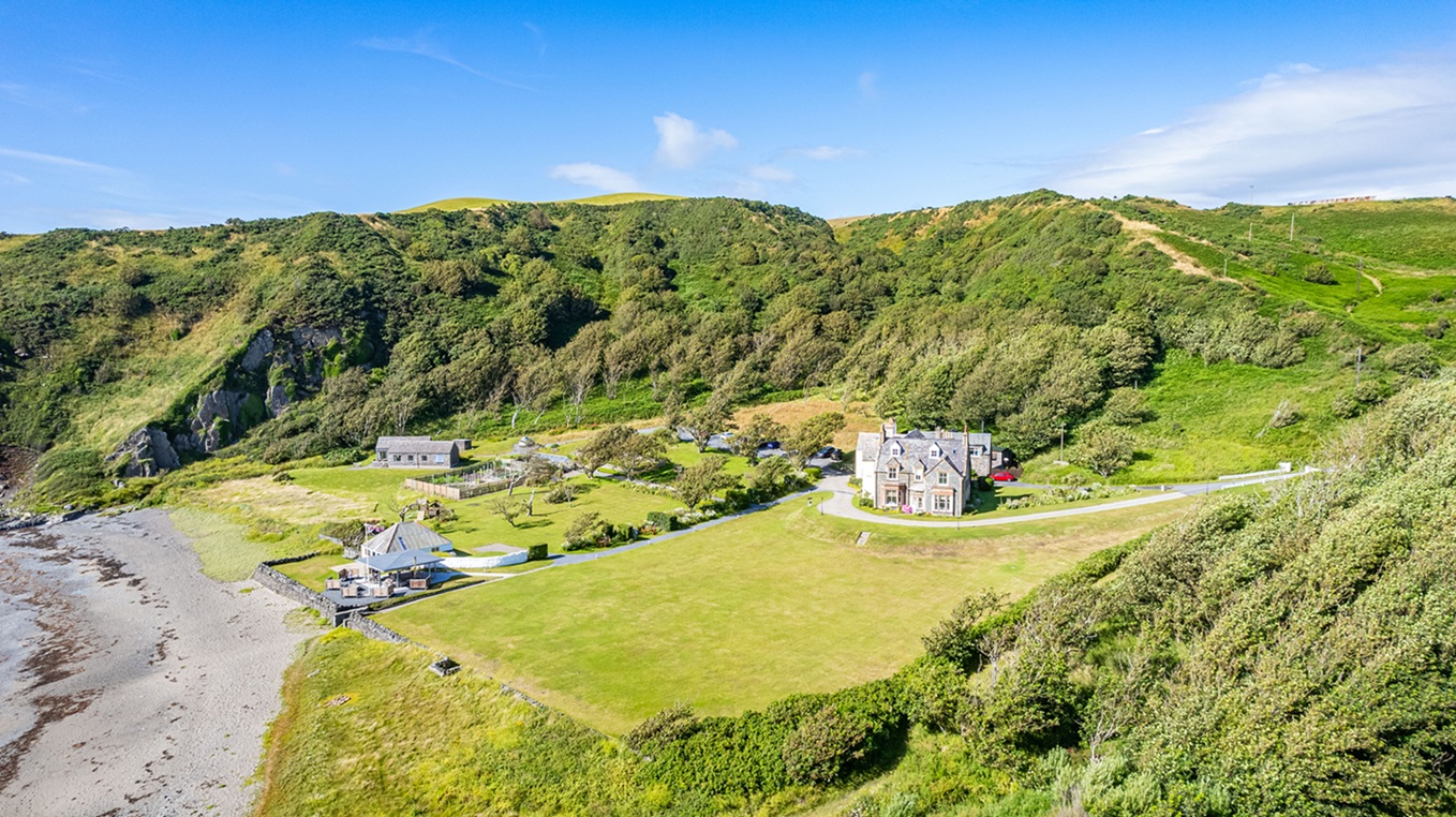 An aerial view of Knockinaam Cove and Lodge