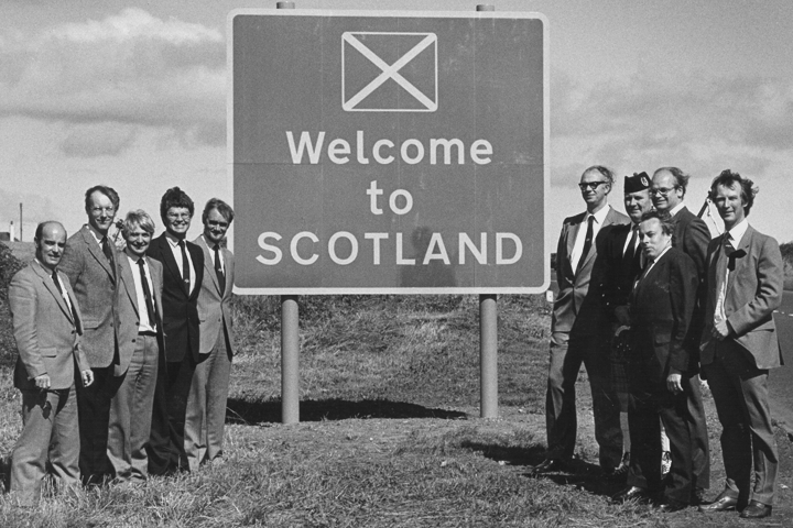 Welcome to Scotland sign (left to right: Cllr Ian McIver, Borders Regional Council, John Home Robertson, MP, Cllr George Wanless, East Lothian Tourist Board Chairman, Riddell Graham, Scottish Borders Council, Allan McGhee, Roads Dept, Borders Regional Council, Dr David Pattison, Scottish Tourist Board Chief Executive, Peter Craig-Piper, Cllr Captain Jim Evans-Scottish Borders Tourist Board Chairman, Mr Jack Gillespie-Scottish Development Department, Mr Mike Williamson, Deputy Director of Area Operations Scottish Tourist Board.