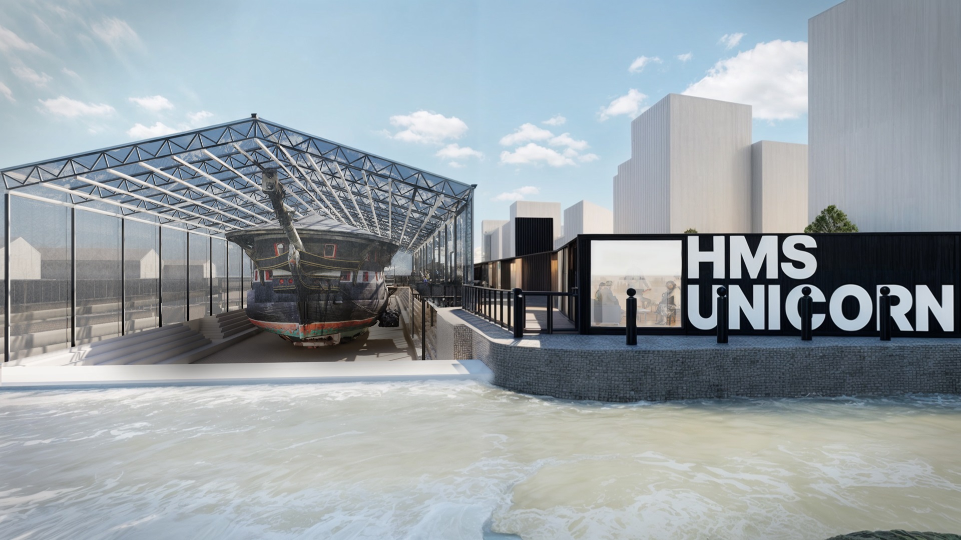 illustrative image of a ship dry docked beside the entrance to a visitor centre